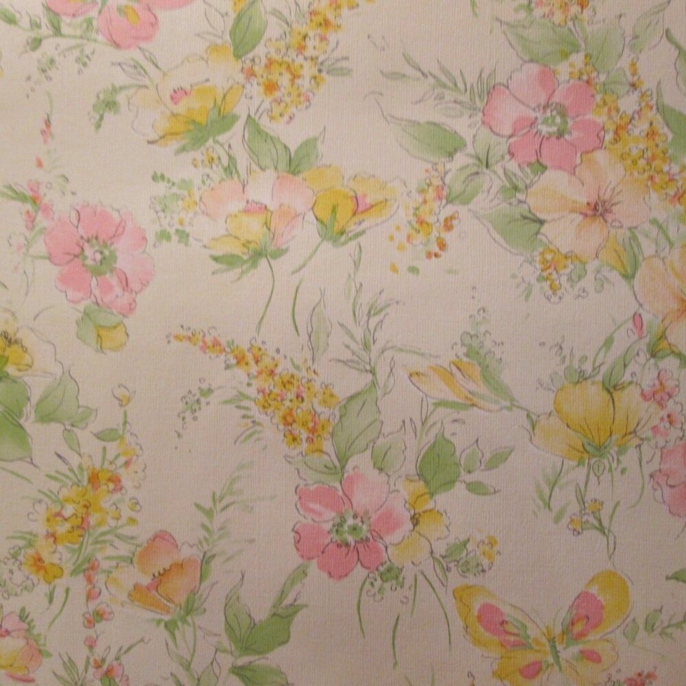 Vintage 1980s Pink and Yellow Floral Motif Wallpaper